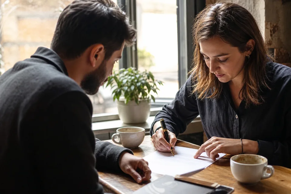 Two people signing a letter of intent on a cafe table