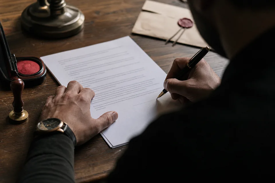 Hand signing a confidentiality agreement with a sealed envelope nearby
