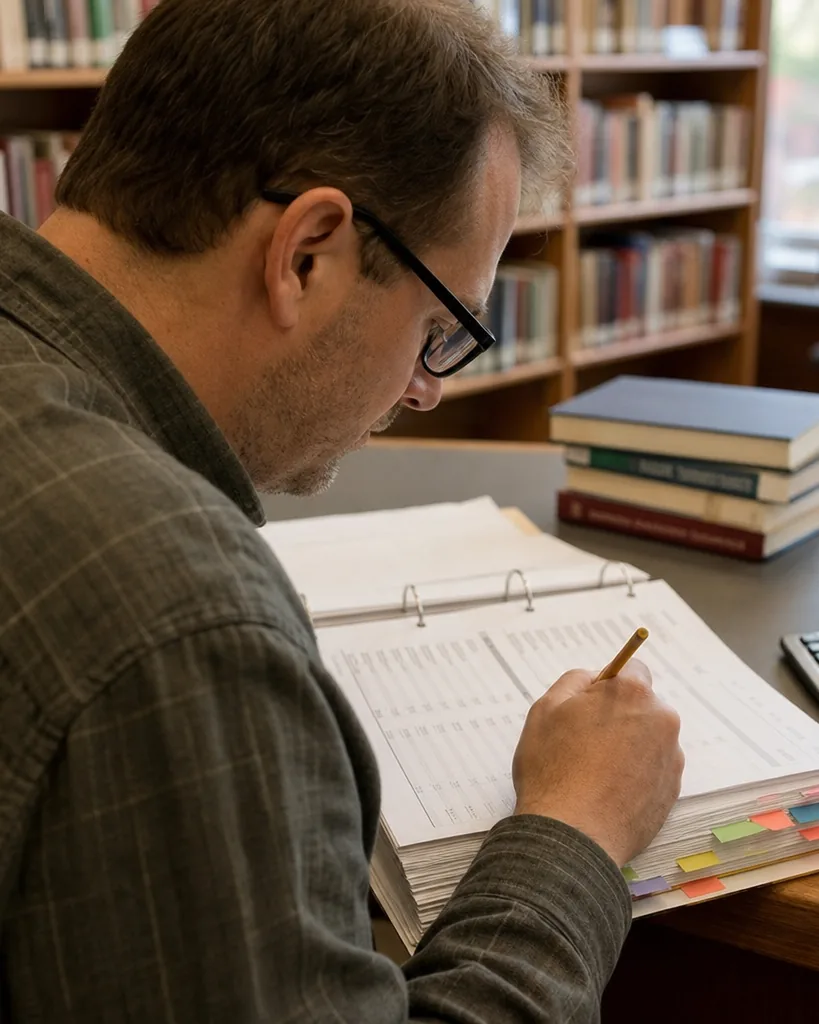 Buyer reviewing a printed due diligence binder with handwritten notes at a library table