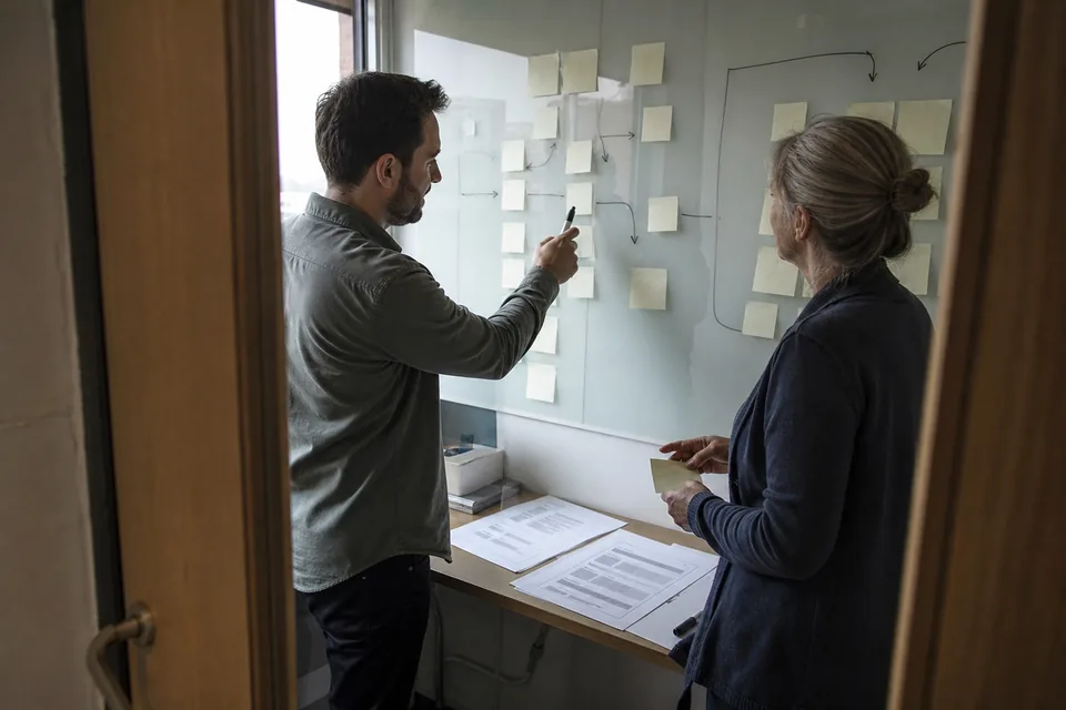 Two people mapping an automation workflow with sticky notes on a glass wall in a small operations room, seen through the doorway