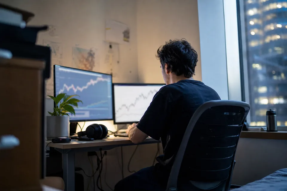 Solo founder seen from behind at a small studio desk with two monitors showing revenue charts, evening light