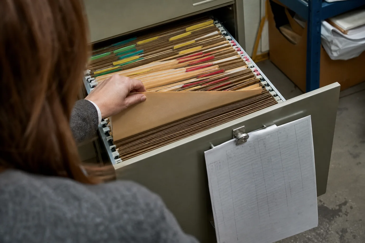 Hand pulling a folder from an archive drawer full of hanging files with coloured tabs