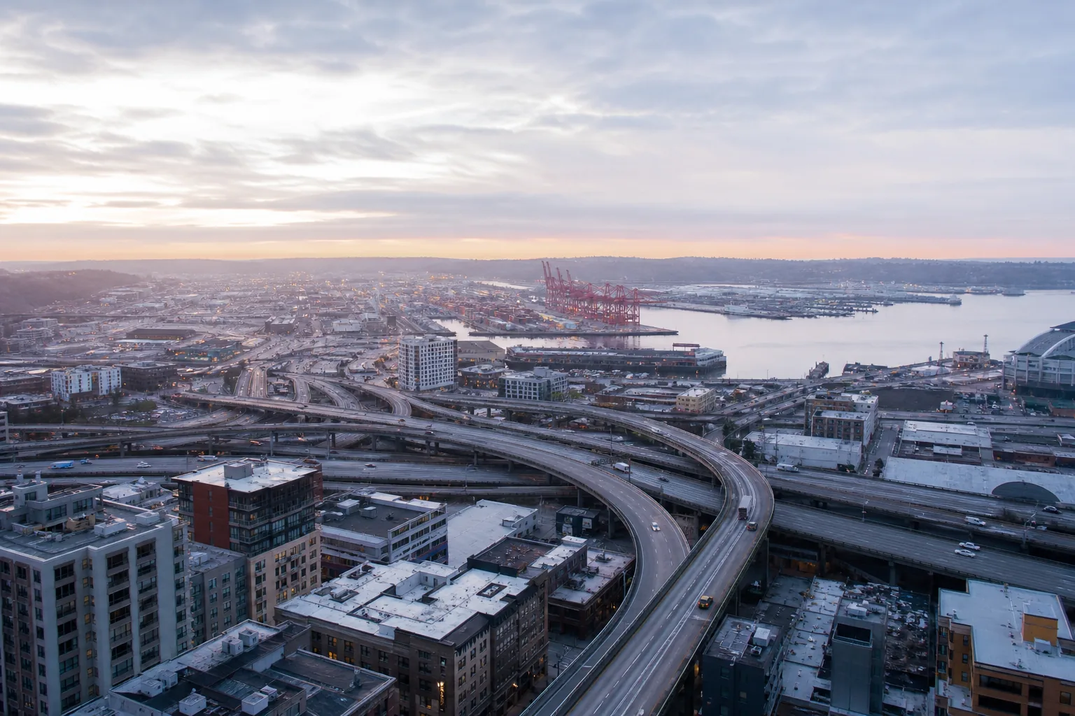 Aerial view of a coastal city at dawn with highways, a port and container cranes in cool blue light