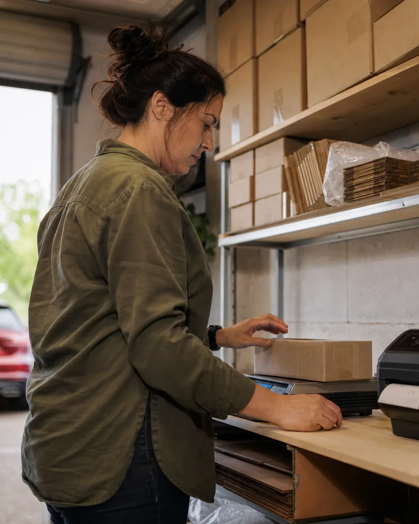 Operator packing an order at a small fulfilment bench with labels and a scale