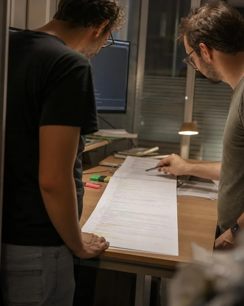 Developers reviewing a code printout at a standing desk in a compact software office