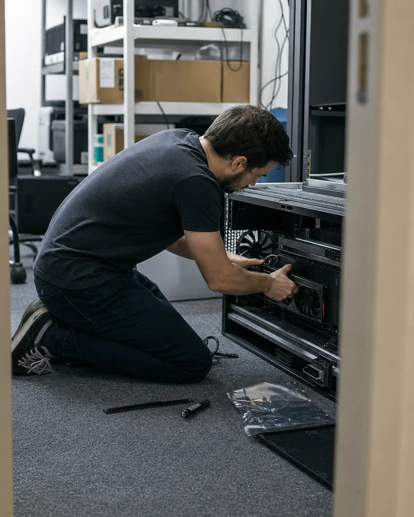 Engineer adjusting a GPU server in a small startup office rack room