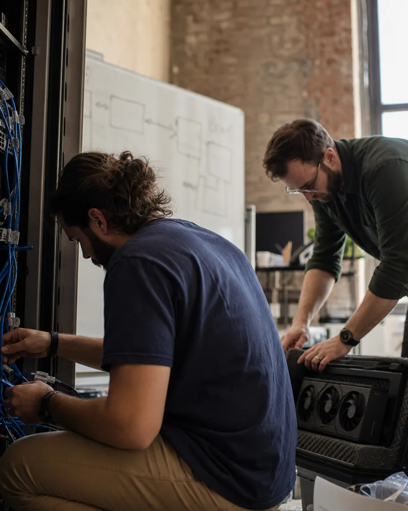 Small team packing equipment in a startup loft with a whiteboard of architecture diagrams behind them