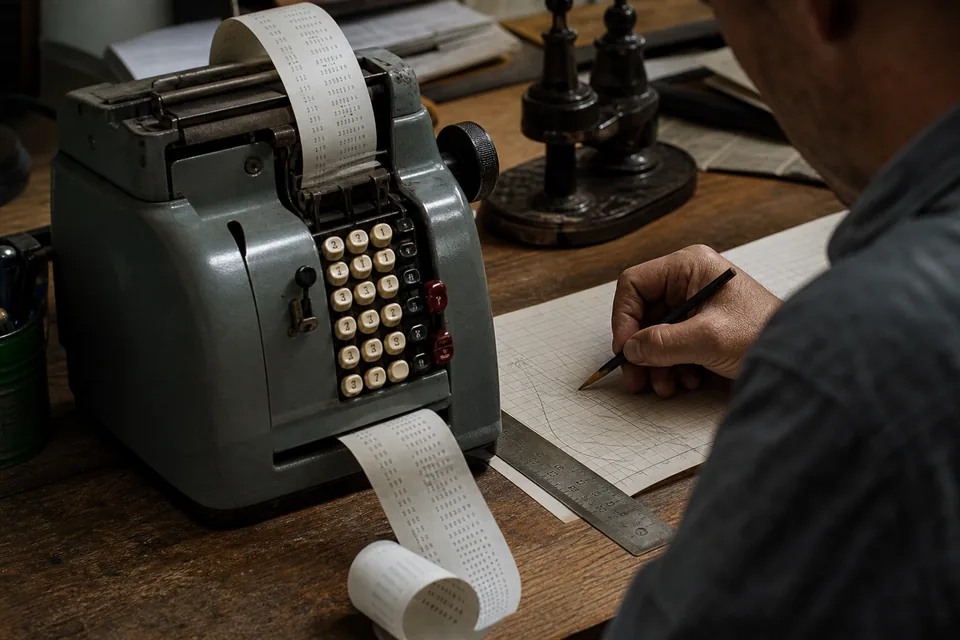 Analyst comparing printed revenue charts and a calculator on a desk with a ledger