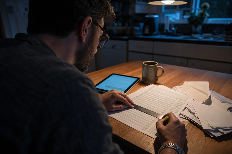 Founder at a kitchen table checking a printed revenue ledger line by line with a ruler, seen over the shoulder